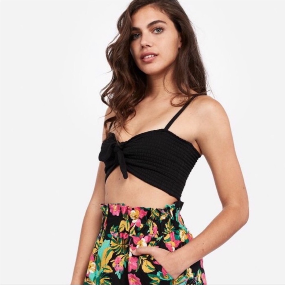 Women's Rocky Barnes Smocked Tie Front Crop Top Black Size Small